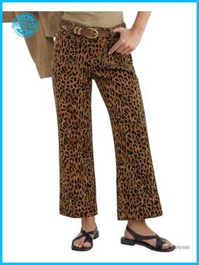 High Waisted Wide Leg Cropped Jeans Animal Print Patch Pocket Flare Denim